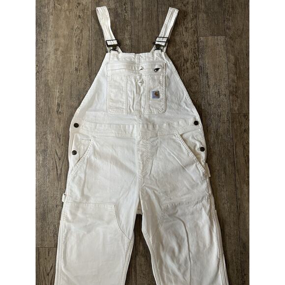 Carhartt LOOSE FIT Size Small 4-6 Canvas Denim Jean Overalls Bibs Pants Knee Pad - Picture 2 of 11